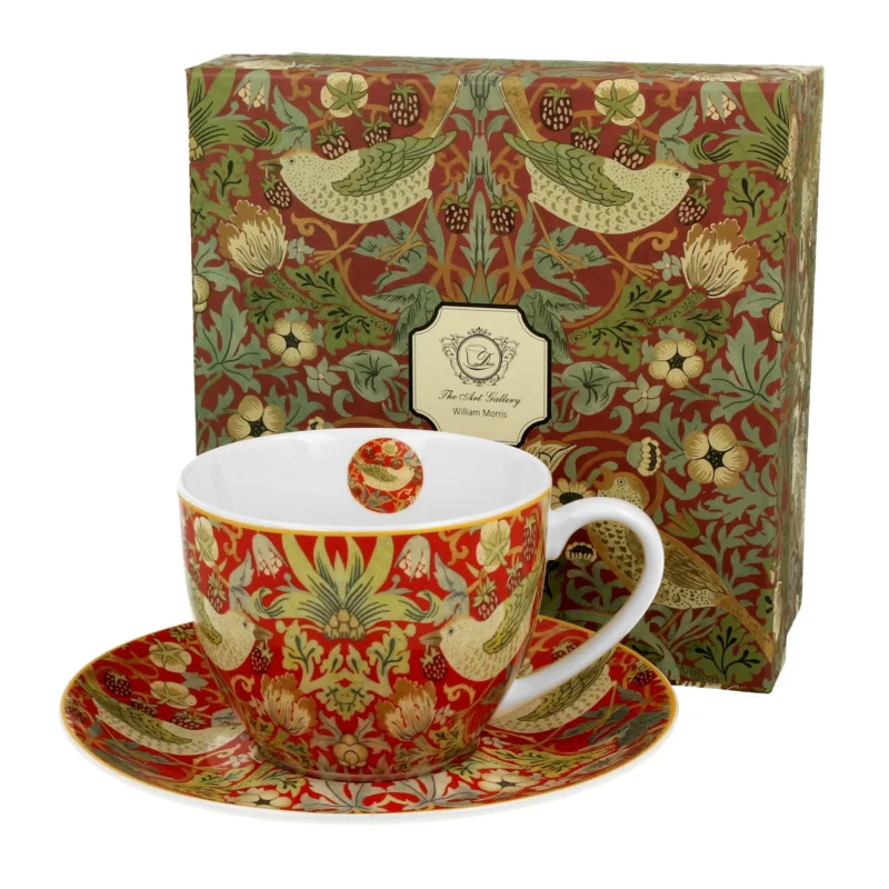 Szybka wysyłka Filiżanka do kawy i herbaty porcelanowa ze spodkiem DUO ART GALLERY STRAWBERRY THIEF RED BY WILLIAM MORRIS 270 ml