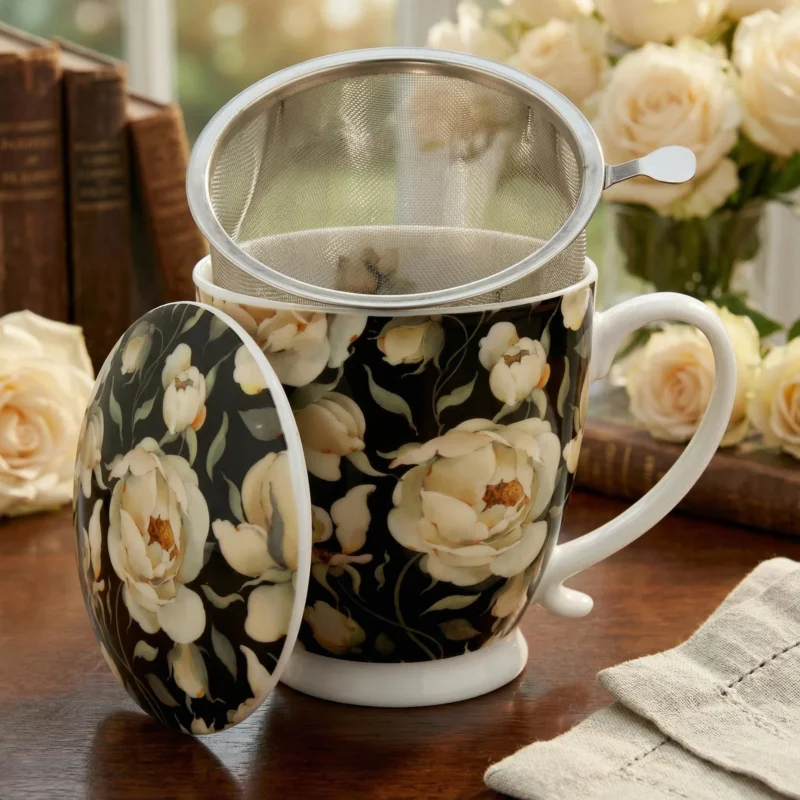 Kubek porcelanowy z zaparzaczem i pokrywką DUO THE SECRET GARDEN ENGLISH ROSES BLACK 510 ml Cena promocyjna