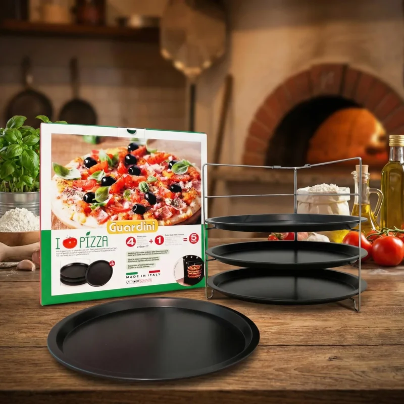 GUARDINI Pizza Mania 28 cm 4 szt. - blachy do pizzy ze stali węglowej ze stojakiem Bezpieczne zakupy