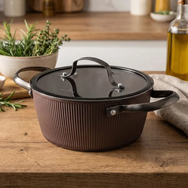 Bezpieczna płatność Garnek aluminiowy na indukcję z pokrywką VALDINOX STRIPES 2,2 l brązowy