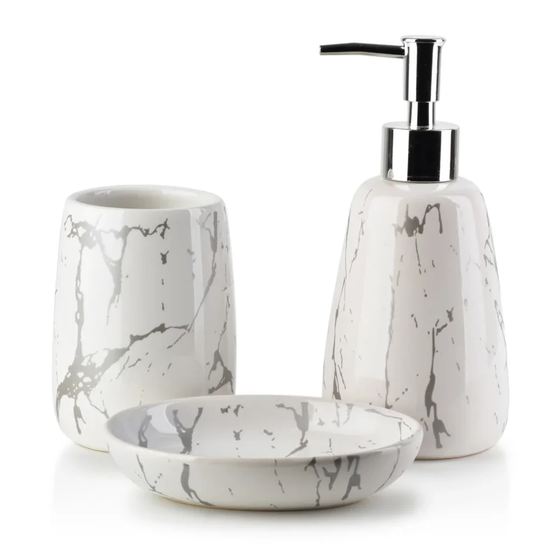 Hit sprzedaży Dozownik do mydła w płynie z mydelniczką i kubkiem BATHLAB ODETTE WHITE GRAY 360 ml