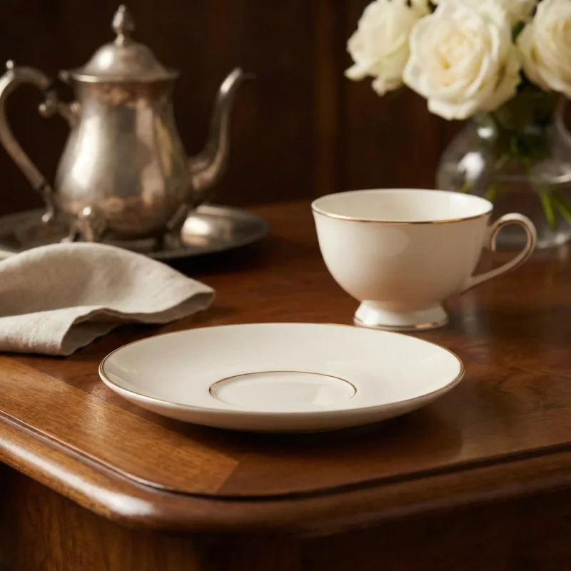 Darmowy zwrot Spodek pod filiżankę porcelanowy MARIAPAULA KLASYKA NOVA ECRU ZŁOTA LINIA 15 cm kremowy