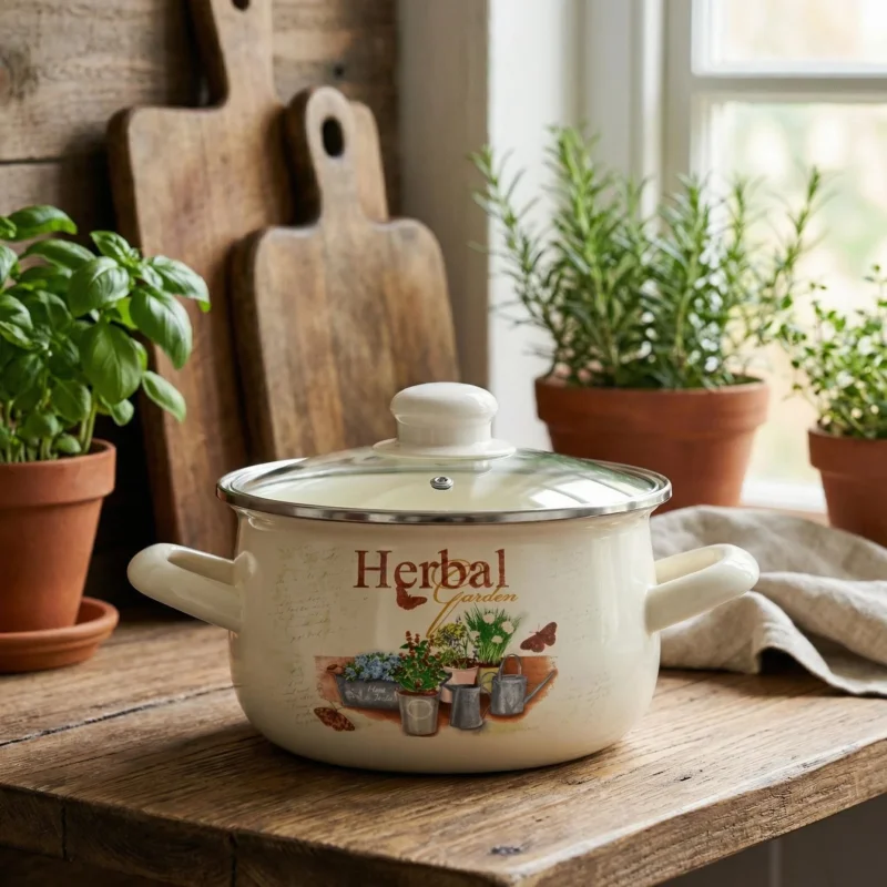 Taniej Garnek emaliowany baryłka ze szklaną pokrywką ODELO HERBAL GARDEN 18 cm 2,8 l kremowy