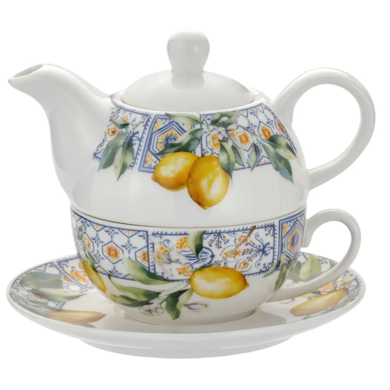 Szybka wysyłka Dzbanek z filiżanką i spodkiem Tea for one biały z wzorem 350 ml