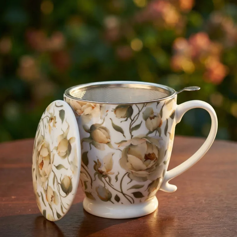 Dostępne od ręki Kubek porcelanowy z zaparzaczem i pokrywką DUO THE SECRET GARDEN ENGLISH ROSES 510 ml
