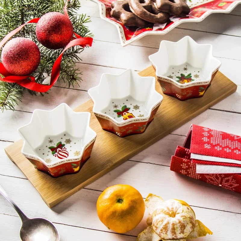 Super okazja Miseczki do dipów i na przekąski porcelanowe na podstawce MAGIC X-MASS BALLS BIAŁO-CZERWONE3 szt.