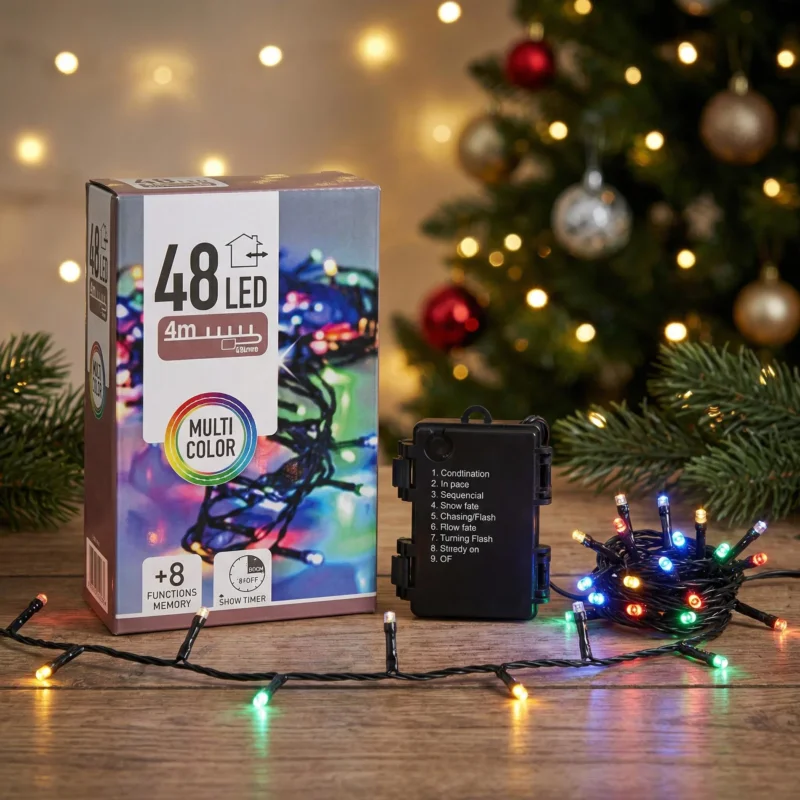 Łańcuch LED zewnętrzny na baterie z timerem i 8 funkcjami MONDEX 4 m multikolor 48 LED Super okazja