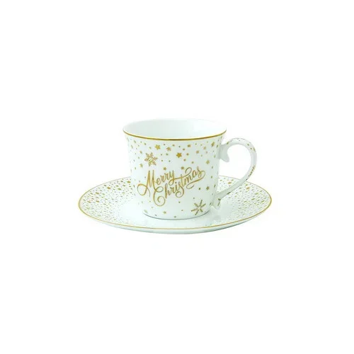 Filiżanka do kawy i herbaty porcelanowa ze spodkiem GOLD MERRY CHRISTMAS BIAŁO-ZŁOTA 200 ml Tani