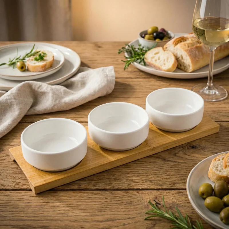 Miseczki do dipów i na przekąski porcelanowe na podstawce FLORINA ADRIA CIRCLE BIAŁE 3 szt. Dostępne od ręki