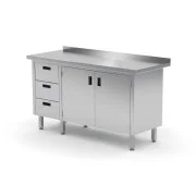 Premium Polgast Stół przyścienny - szafka z trzema szufladami (L) i podwójnymi drzwiami na zawiasach (P) 1400x600x850 mm