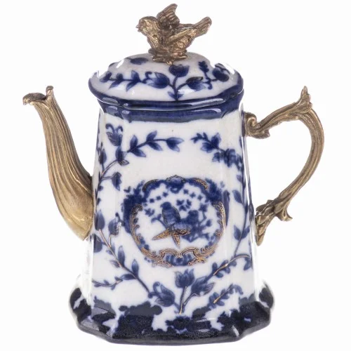 Porcelanowy Mini Dzbanek Bogato Zdobiony z Ptaszkiem z Brązu Retro Super okazja