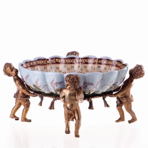 Porcelanowa Misa z Aniołkami z Brązu Putto Trzymający Mini Paterę Półmisek Ograniczona ilość