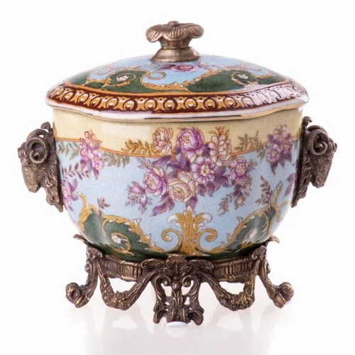 Porcelanowa Szkatułka z Elementami z Brązu Głowa Barana Unikatowa Dekoracyjna Super okazja